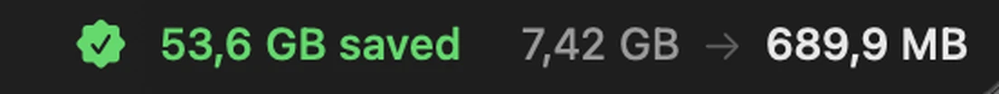 Squeeze status bar: 1 file done, 53,6 GB saved, 7,42 GB reduced to 689,9 MB.