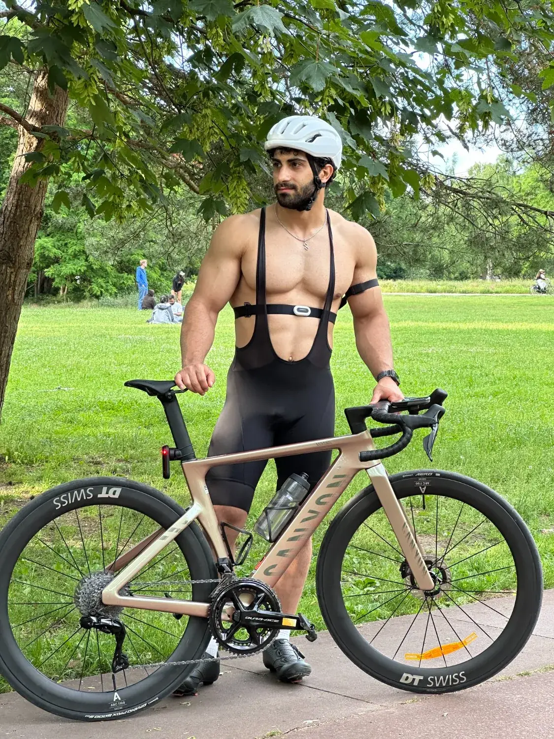 Cycling through a Berlin park.